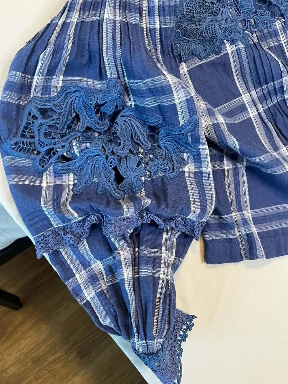 Free People Darling Diana Blue Plaid Lace Boho Cottagecore Prairie Top